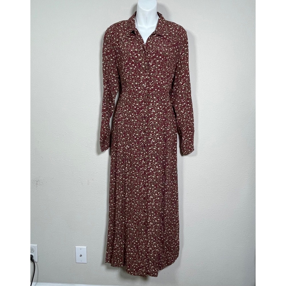 Eddie Bauer Floral Maxi Dress Cottagecore Tall M Burgundy Earthy Button Up Vtg